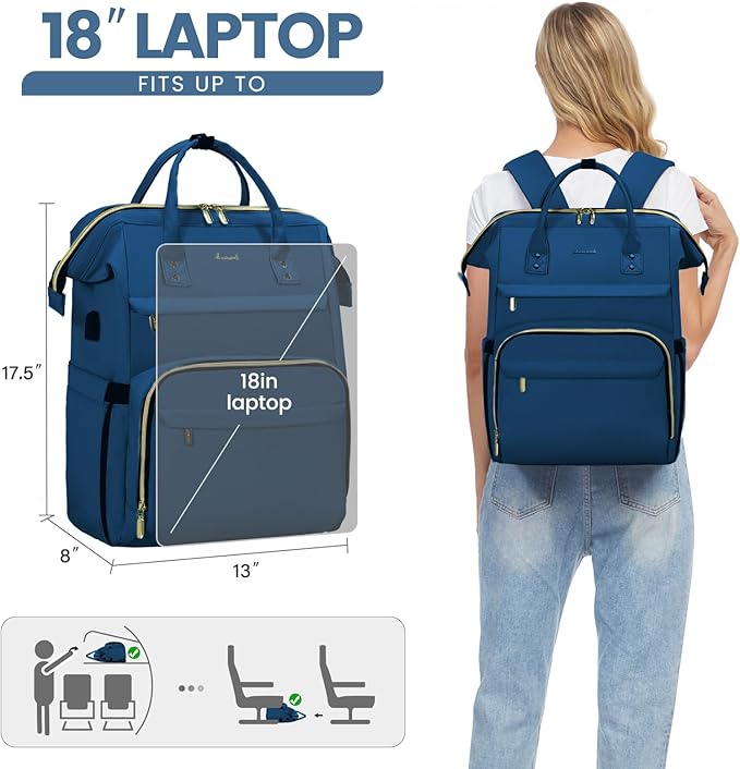 LOVEVOOK Laptop Backpack for Women,18 Inch Professional Womens Travel Backpack Purse Computer Laptop Bag Nurse Teacher Backpack,Waterproof College Work Bags Carry on Back Pack with USB Port,Royal Blue