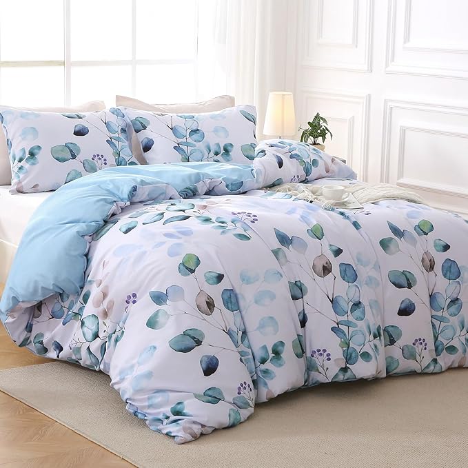 MUXHOMO Duvet Cover King Size, Reversible Floral Blue Duvet Cover Set with Zipper Closure, 3 Pieces Botanical Patterns Soft Microfiber Bedding Set (90"x104", 2 Pillow Cases 20"×36")