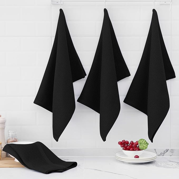 Homaxy 100% Cotton Oversized Waffle Weave Kitchen Dish Towels, Ultra Soft Absorbent Quick Drying Cleaning Towel, 20 x 28 Inches, 6-Pack, Black