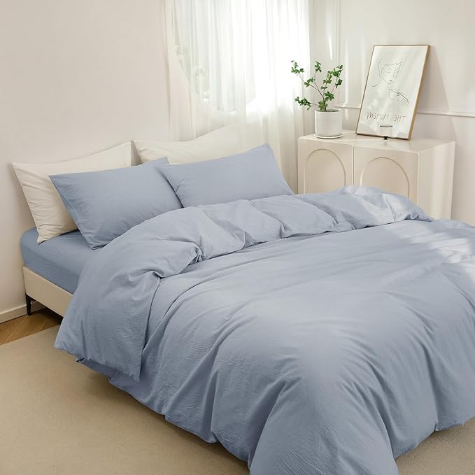 JIYUAN 100% Washed Cotton Duvet Cover Set 3 Pieces Super Queen, 1 Duvet Cover 90x98 Inches(Comforter Not Included) and 2 Pillowcases,Linen Feel Bedding Set Comfy and Breathable, Heathered Light Blue