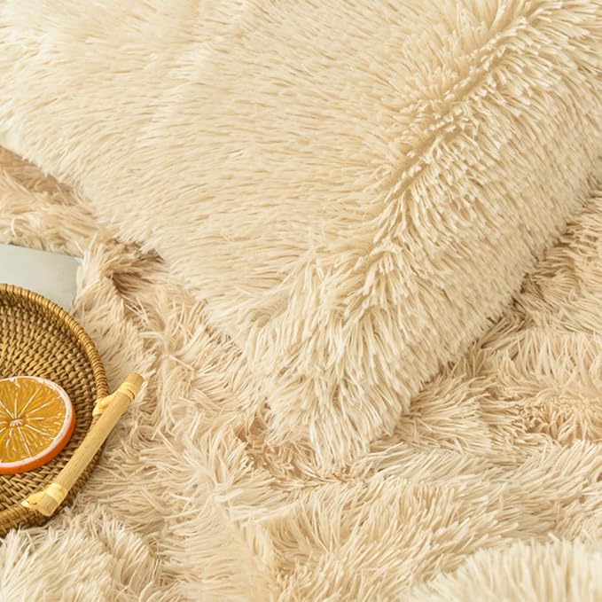 MorroMorn 5 PCS Plush Shaggy Duvet Cover Sets, Luxury Shag Fluffy Comforter Cover Fuzzy Bedding Set - Long Faux Fur Ultra Soft Cozy (Khaki, Full/Queen)