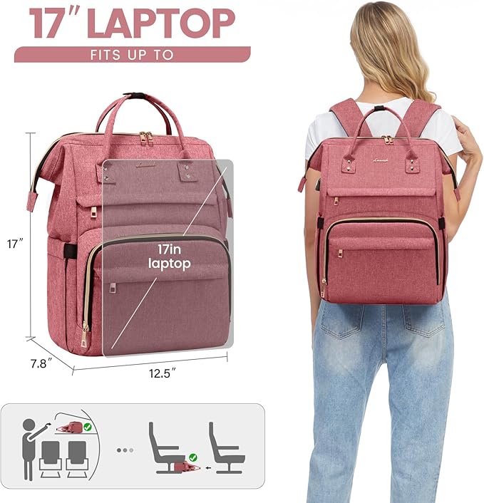 LOVEVOOK Laptop Backpack for Women,17 Inch Professional Womens Travel Backpack Purse Computer Laptop Bag Nurse Teacher Backpack,Waterproof College Work Bag Carry on Back Pack with USB Port,Light-red