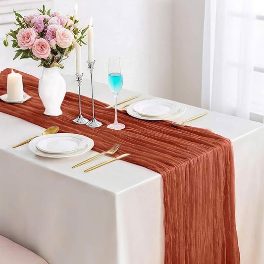 Cheesecloth Table Runner Boho Table Runner 13.3FT Long Terracotta Vintage Rustic Gauze Wedding Dining Table Decorations for Baby Shower Event Holiday Birthday Halloween Party Decorations