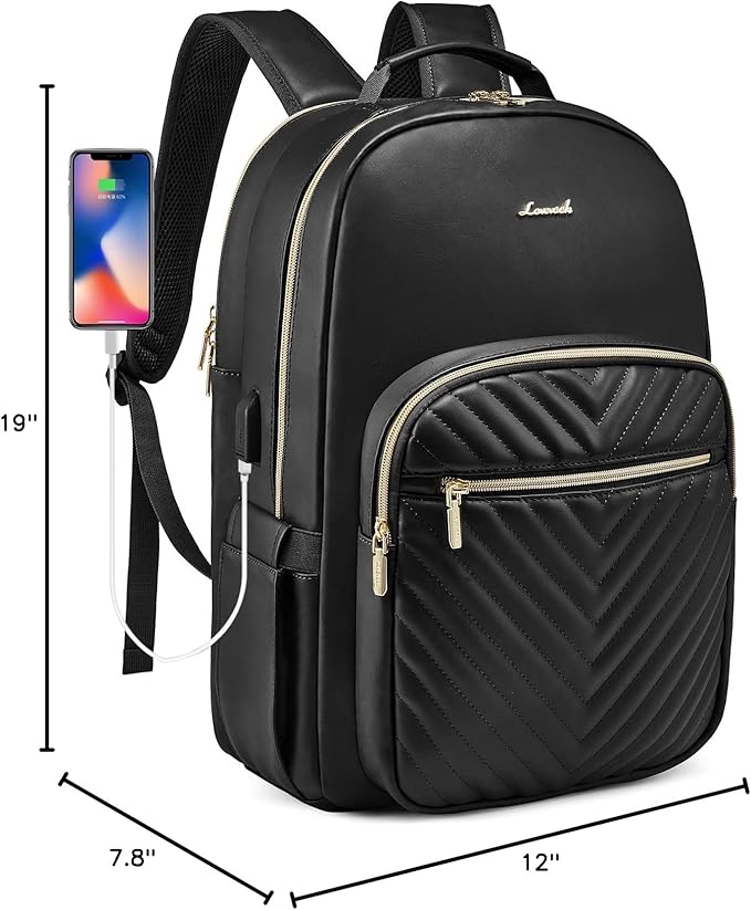 LOVEVOOK Laptop Backpack for Women, Faux PU Leather Quilted Backpack Purse, Business Computer Travel Work Bags, Nurse Backpack for Work, Fits 17-Inch Laptop, Black