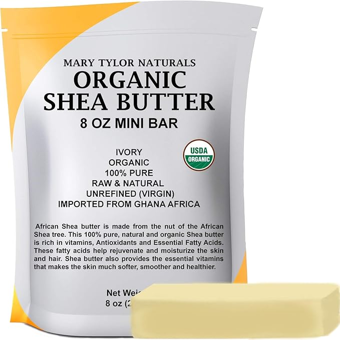 Mary Tylor Naturals Organic Shea butter 8 oz — USDA Certified Raw, Unrefined, Ivory From Ghana Africa — Great for Hair, Skin Nails and DIY projects