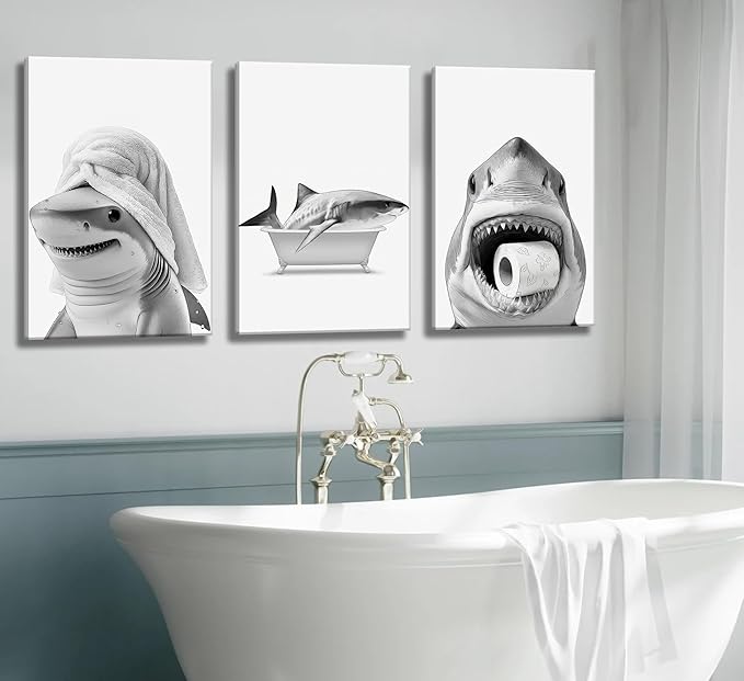 3pcs Black And White Shark Bathroom Canvas wall art Funny ocean Animal bathtub Paintings Pictures Wall Decor Modern Poster Printing Artwork for Restroom Toilet Home Decoration