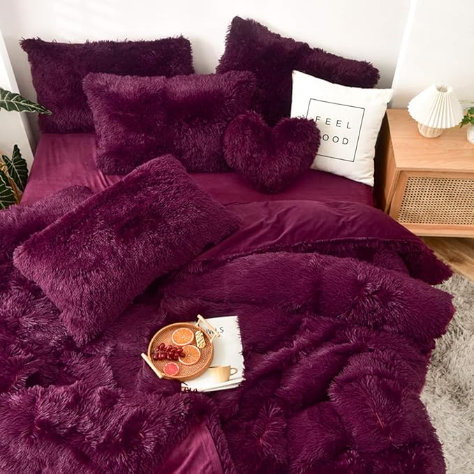 MorroMorn 5 PCS Shaggy Duvet Cover Bedding Set - Fluffy Comforter Cover Long Faux Fur Luxury Ultra Soft Cozy (Maroon, King/California King)
