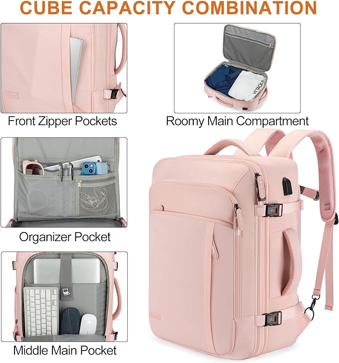 Carry on Travel Backpacks, Extra Large 40L Flight Approved Bag for Men & Women,Expandable Suitcase Backpack With 4 Packing Cubes,Water Resistant Luggage Daypack Business Weekender Bag,Pink