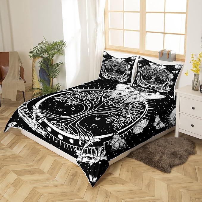 Tree and Moth Duvet Cover Set King Size, Moth Butterfly Comforter Cover with 2 Pillowcases,3 Piece,Stars Sun Moon Gothic Skull Skeleton Constellation Bedding Set for Adult Young Bedroom Xmas Gift