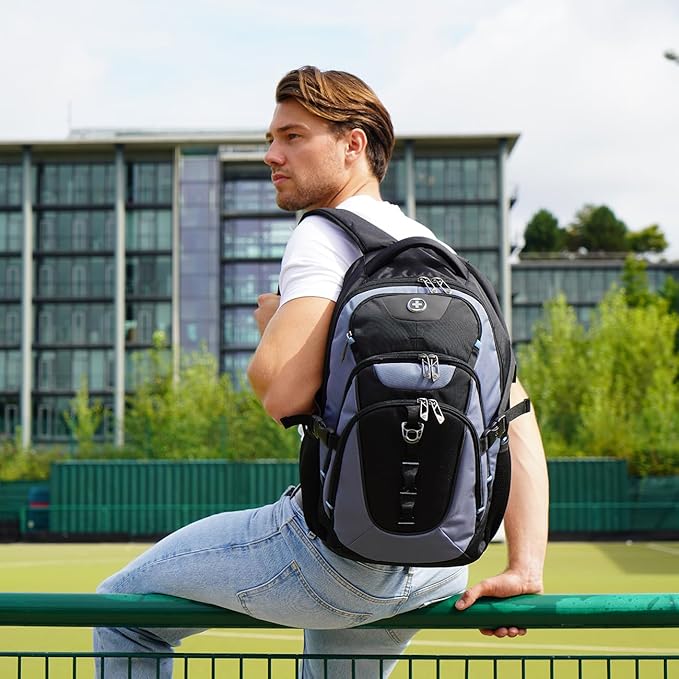 Swissdigital Design Laptop Backpack with USB Charging Port, Travel Backpack Fits 15.6 inches Computer, 31L College School Backpack for Men, Haze Blue/Black | SD803