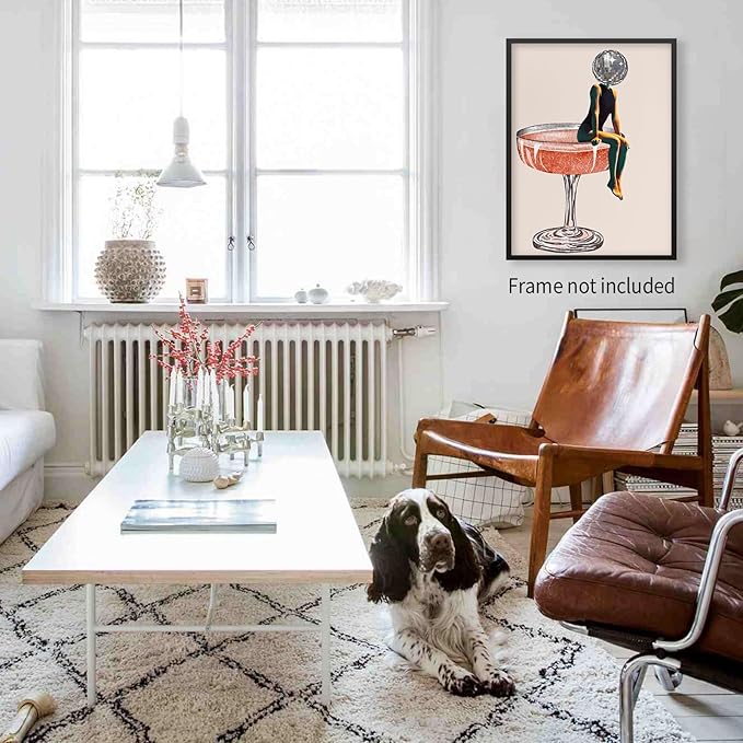 Sufeasdf Funky Disco Ball Girly Head Poster 70s Retro Cocktail Canvas Wall Art Trendy Vintage Beige Prints Painting for Family Bar Wall Decor 24x36 inch Unframed