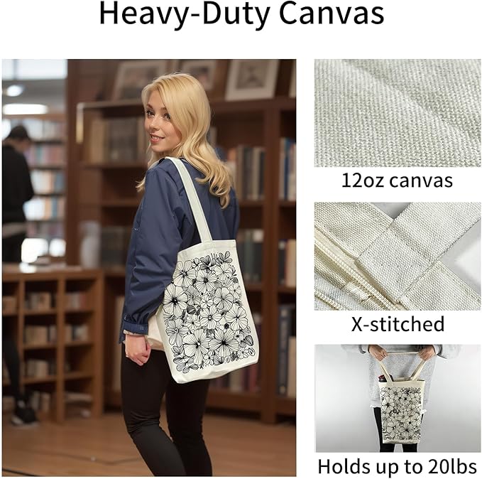 Canvas Tote Bag for Women, Aesthetic Tote Bag with Zipper Pocket for Grocery Travel Work Gift, Canvas Shopping Bag