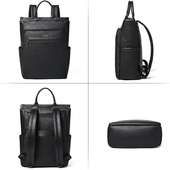 Leather Laptop Backpack for Women, Travel Backpack Purse Fits 15.6 Inch Laptop, Casual Daypack with Laptop Compartment for Teachers College Work Business Nurse Weekender, Black