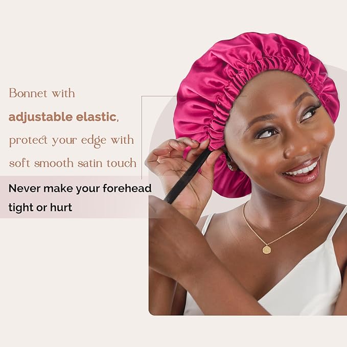 YANIBEST Adjustable Silk Bonnet Double Layer Satin Bonnet Hair Bonnet for Sleeping Bonnets for Women Hats Curly Natural Hair, Hot Pink