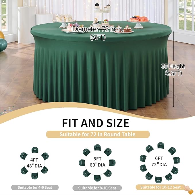 Outpain 6 Pack 72inch Hunter Green Spandex Round Tablecloths, Stretchy 132inch Fitted 6FT Round Table Cloths, Wrinkle Free Table Cover with Skirt for Wedding Party Dining Banquet