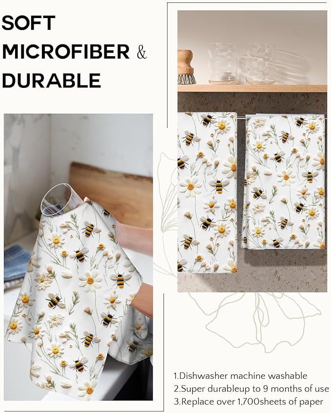 Microfiber Kitchen Towels - Set of 2 Dish Towels for Kitchen 18 x 26 Inch Home Decoration White Flower Bee Cute Spring Hand Towels Soft & Absorbent Aesthetic Design