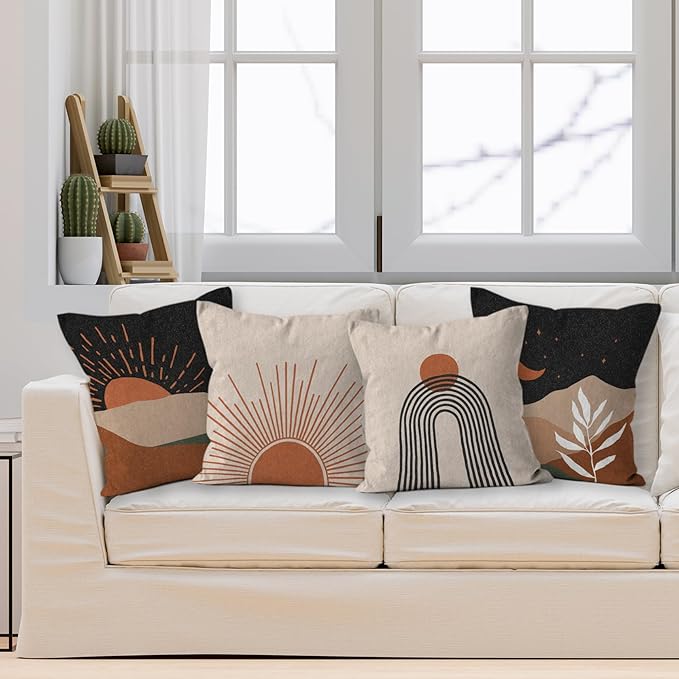 HIWX Boho Pillow Covers, Sun Moon Mountains Decorative Outdoor Throw Pillow Covers, Modern Sunshine Sunrise Landscape for Bedroom Home Decor - Set of 4, 18 x 18