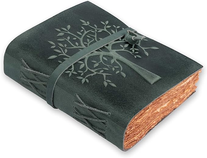 LEATHER VILLAGE Tree of Life Journal - 13 X 8 inches - Aqua - 200 Antique Deckle Edge Handmade Paper – Book of Shadows - Vintage Leather Bound Journal for Women & Men