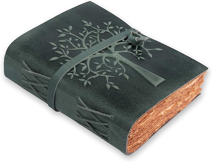 LEATHER VILLAGE Tree of Life Journal - 8"X6" (A5) inches - Auq - 200 Antique Deckle Edge Handmade Paper – Book of Shadows - Vintage Leather Bound Journal for Women & Men