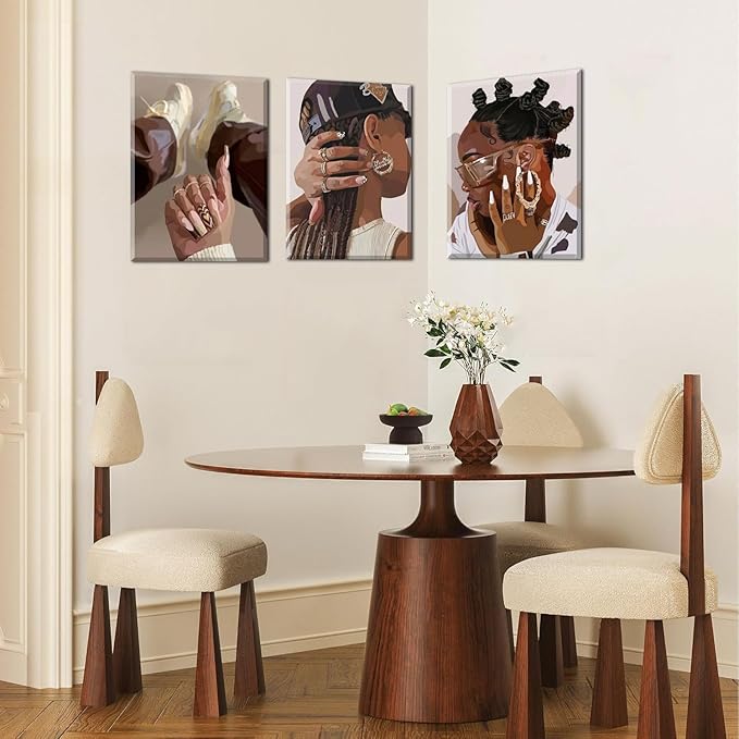 Marllifenney 3Pcs Black Girl Wall Art Framed Trendy Black Woman Decor Posters Abstract African American Canvas Prints Modern Black Women Painting Female Pictures for Bedroom Living Room Dorm 12x16in