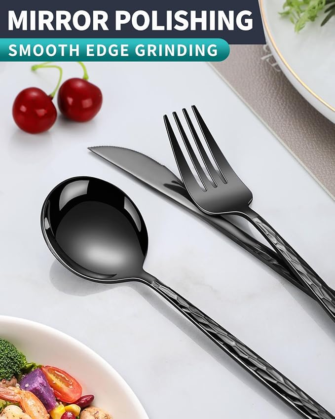 Hammered Black Silverware Set,30 Piece Stainless Steel Flatware Set for 6,Modern Cutlery Set,Includes Spoon Fork Knives Set,Home Kitchen and Restaurant,Dishwasher Safe