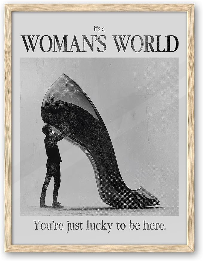 iHery Natural OAK Wood Woman's World Framed Wall Art, 12x16 in Retro Feminist Modern Hot Girls Canvas Wall Art, Trendy Black High Heels Bedroom Decor, Set of 1 For Bathroom Living Room