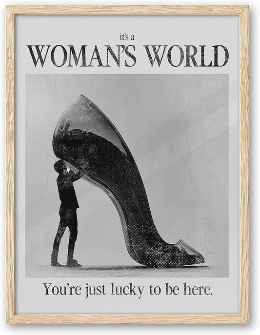 iHery Natural OAK Wood Woman's World Framed Wall Art, 12x16 in Retro Feminist Modern Hot Girls Canvas Wall Art, Trendy Black High Heels Bedroom Decor, Set of 1 For Bathroom Living Room