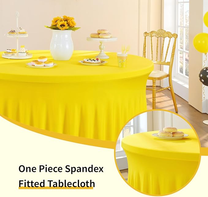 Outpain 6 Pack Spandex Yellow Round Tablecloths for 60in Tables, 120Inch Stretchy Fitted 5FT Round Table Clothes,Wrinkle Free Table Cover with Skirt for Wedding Party Dining Banquet