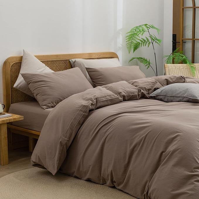 BESTOUCH Duvet Cover Set 100% Washed Cotton Linen Feel Super Soft Comfortable Chic Lightweight 3 PCs Home Bedding Set Solid Pine Bark Brown King