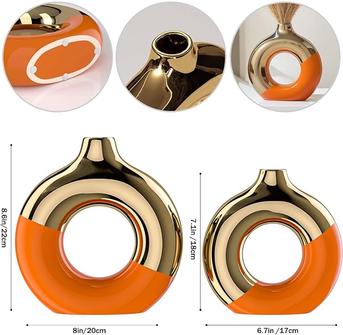 Orange and Gold Ceramic Vase Set of 2,Round Donut Hollow Flower Vases for Home Decor Accents,Modern Minimalist Centerpiece Table Decorations,Wedding,Living Room,Bookshelf,Office,Entryway