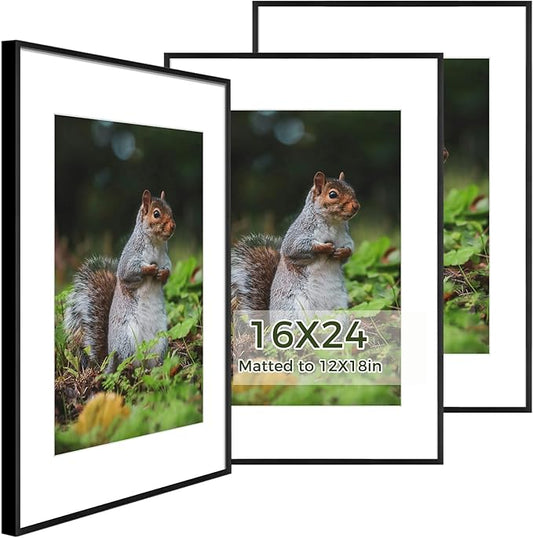Golden State Art 16x24 Picture Frame 3 Pack - Aluminum Frames with 12x18 Removable Mats & Real Glass, Display 16x24 Posters or 12x18 Photos - Black Gallery Wall Frames for Home Office Decor