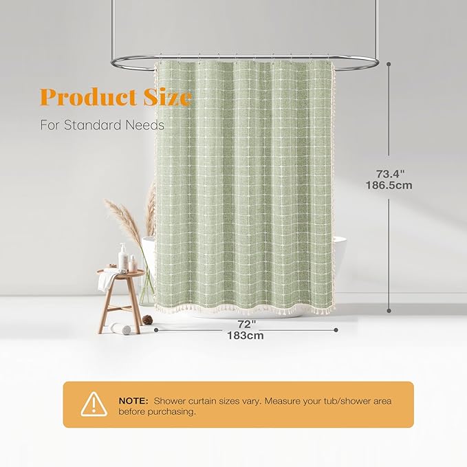 BTTN Boho Farmhouse Shower Curtain, Linen Rustic Heavy Duty Fabric Shower Curtain Set with Tassel, Water Repellent, Bohemian Vintage Country Thick Cloth Shower Curtains for Bathroom, Sage Green, 72x72