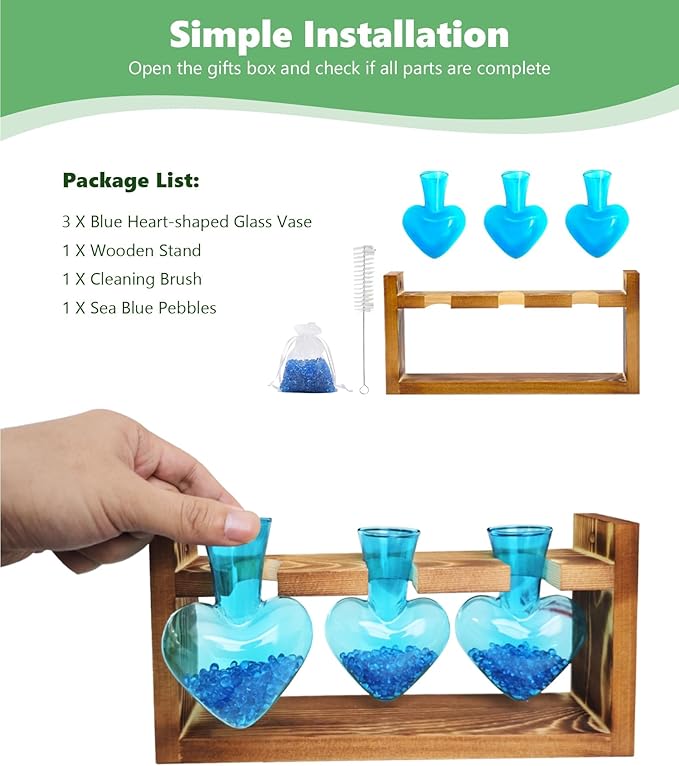 Nacome Plant Terrarium for Office Decor: Birthday Gifts for Plant Lovers Women Mom Wife - Wooden Stand Tabletop Planter 3 Bulb Glass Vase Heart Shaped for Hydroponics Indoor Home