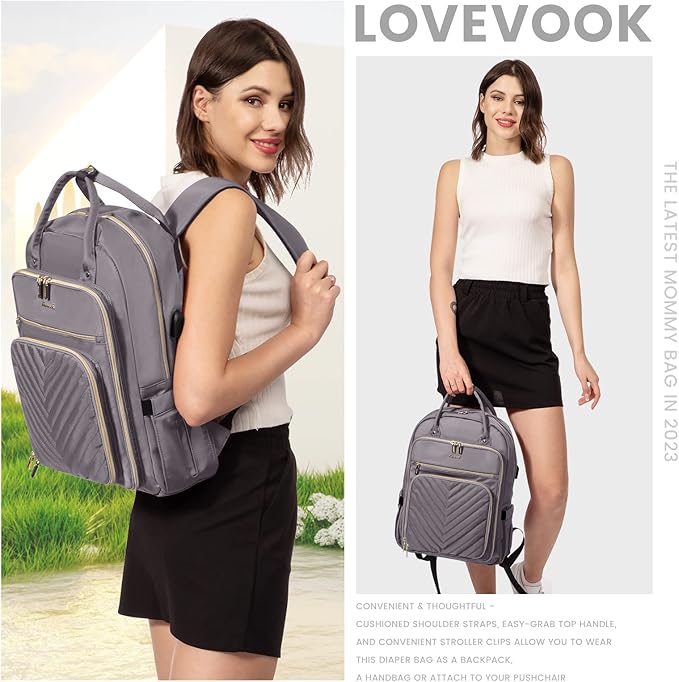 LOVEVOOK Womens Backpack,15.6 Inch Laptop Backpack for Work Travel, Large Capacity Work Backpack for Teacher Nurse, Computer Bag with USB Charging Port.Grey Purple.