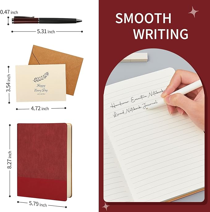 A5 Lined Notebook with Pen & Gift Box 216 Pages PU Leather Journals for Women Men 100GSM Thick Paper College Ruled Notebook for School,Travel,Business,Work,Home Writing (A5 Lined 216pages, Red - Gift Box Set)