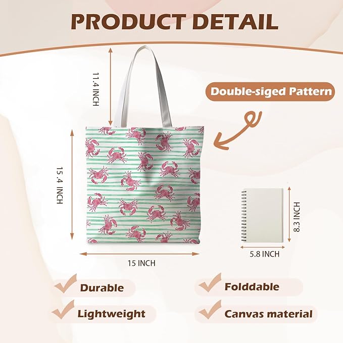 Beach Crab Tote Bag, Summer CrabsTote Bag for Women, Summer Crab Reusable Grocery Bags Shopping Bags
