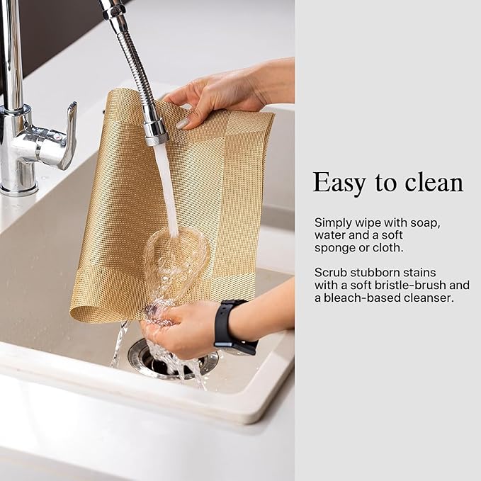 Placemats Set of 8 - Easy Clean Woven Vinyl Placemats for Dining Table, Indoor/Outdoor Place Mats, Washable PVC Table Mats（Gold Cube）
