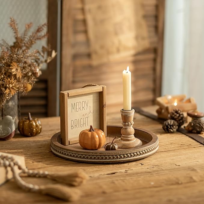 Hanobe Candle Tray Holder Decorative: Round Coffee Table Home Decor Centerpiece Boho Serving Trays for Living Room Kitchen