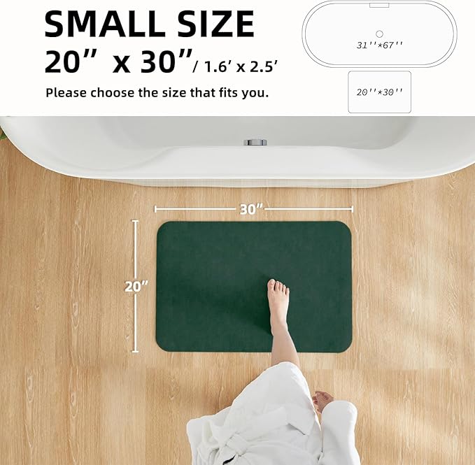 Bathroom Mat Quick Dry, Bathroom Rugs Non Slip Washable Thin Absorbent Bath Mat Fits Under Door Bathroom Floor Mat Perfect for Bath, Shower, or Sink 20"x30" Dark Green