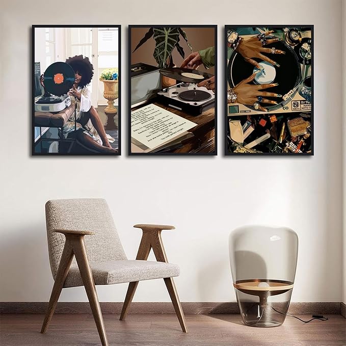 3Pcs Black Woman Art Poster African American Women Canvas Wall Art Funky Black Girl Record Music Posters prints for Modern Black Woman Bedroom Home Decoration 16x24in Unframed
