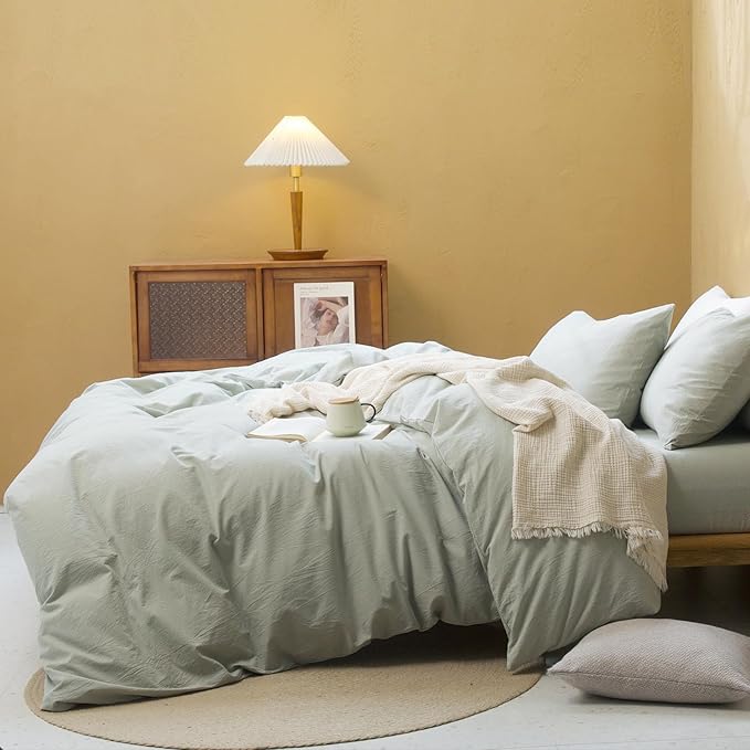 FOSSA Duvet Cover Set 100% Washed Cotton Linen Feel Super Soft Breathable Cozy Simple Style 3 Pieces Bedding Sets Solid Sage Green Oversized King Plus