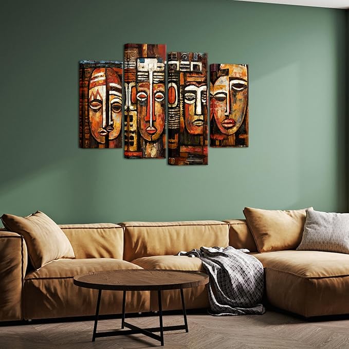 KREATIVE ARTS 4 Panel African American Wall Art Masks Tribal Ethnic Canvas Prints Vintage Poster Pictures Artwork Black Art Paintings for Living Room Ready to Hang L48xH33Inches