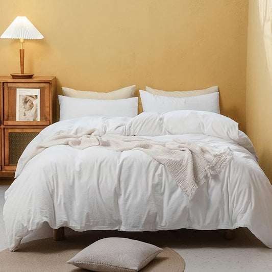 FOSSA White Duvet Cover Set, 100% Washed Cotton Linen Feel Super Soft Breathable Cozy 3 Pieces Bedding Sets Solid Off White Super King Plus