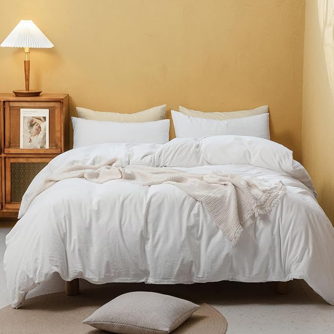FOSSA White Duvet Cover Set, 100% Washed Cotton Linen Feel Super Soft Breathable Cozy 3 Pieces Bedding Sets Solid Off White Oversized King Plus