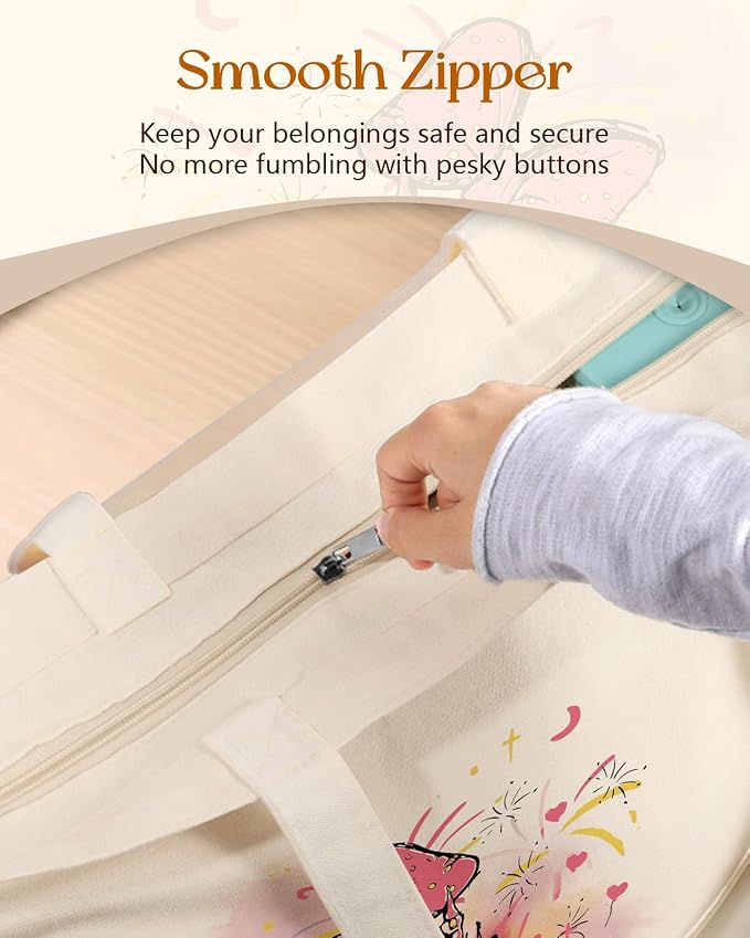 Canvas Tote Bag for Women – Aesthetic Canvas Bag with Zipper Cute Stylish Reusable Shoulder Totes for Shopping Work Daily Vacation, Bow Castle