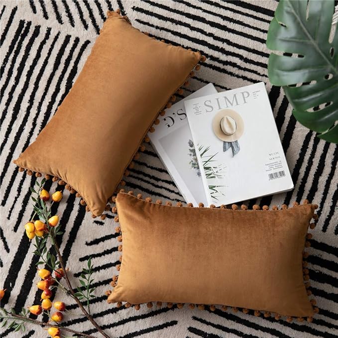 DEZENE Throw Pillow Cases 12x20 Golden Brown: 2 Pack Cozy Soft Pom-poms Velvet Rectangular Decorative Pillow Covers for Farmhouse Home Decor