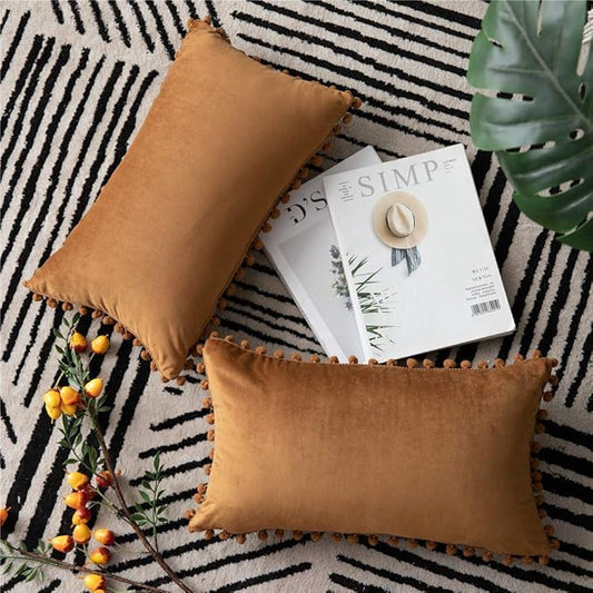 DEZENE Throw Pillow Cases 12x20 Golden Brown: 2 Pack Cozy Soft Pom-poms Velvet Rectangular Decorative Pillow Covers for Farmhouse Home Decor