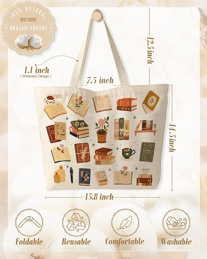 Large Tote Bag for Women - Canvas Tote Bag with Zipper Aesthetic Reusable Shoulder Bag for Gym, Travel, Work