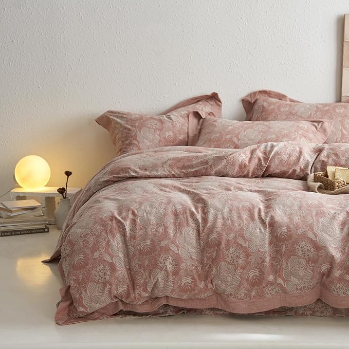 mixinni Duvet Cover Queen, Premium Cotton Double-Layer Yarn Pink Floral Jacquard Comforter Cover with Edge Design, Farmhouse Bedding Set with 2 Pillowcases Perfect for Him and Her-Queen Size