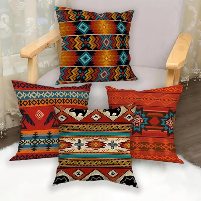 Native American Throw Pillow Covers Set of 6, Western Rustic Burnt Orange Home Decor Outdoor Tribal Ethnic Farmhouse Navajo Decorative Cushion Case 18"X18"